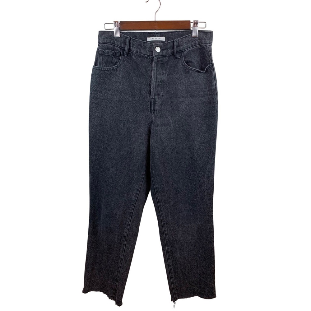 PacSun High Rise Straight Leg Jeans Womens 28 Black Frayed Hem Button Fly Denim - Picture 2 of 11